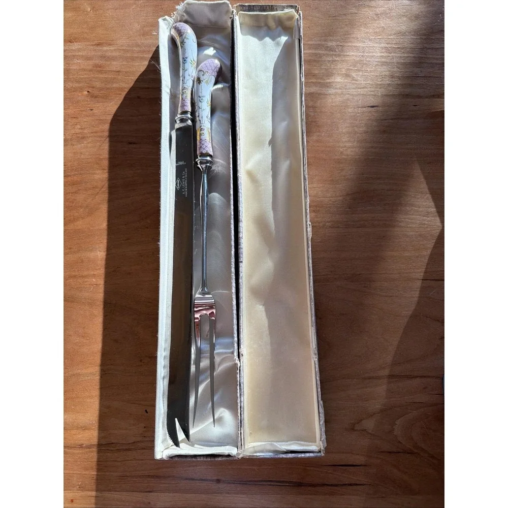 Vintage A.E. Lewis & Co. Sheffield Porcelain Handle Carving Knife Fork Set Boxed